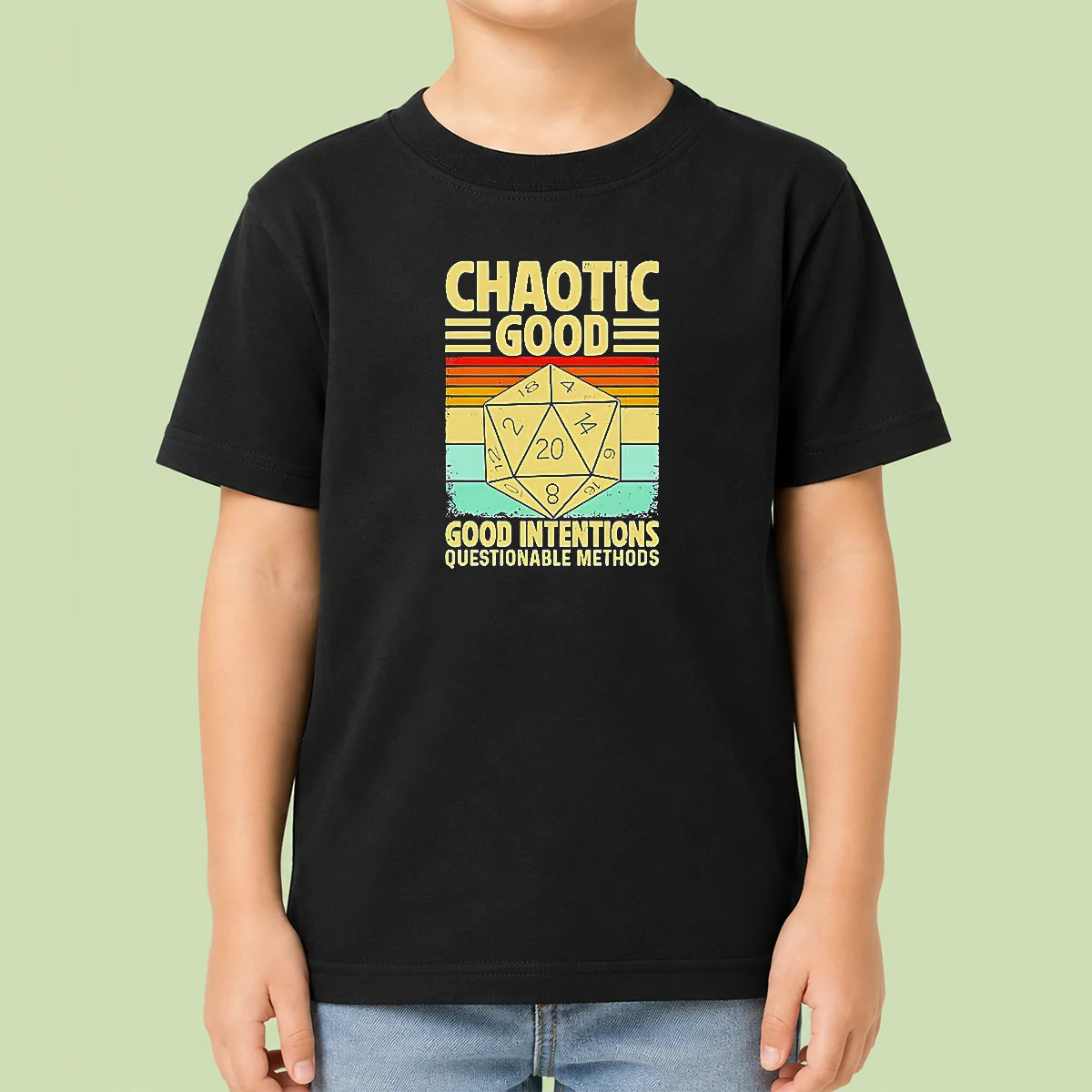 Nice Chaotic Good D20 Retro Stripes Kids T Shirt featuring colorful retro stripes and D20 dice design