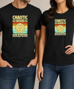 Nice Chaotic Good D20 Retro Stripes t shirt in classic fit with colorful retro stripes and D20 dice graphic