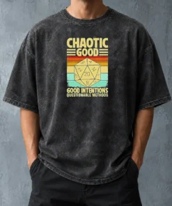 Nice Chaotic Good D20 Retro Stripes Washed T Shirt in vintage washed fabric with colorful retro stripes
