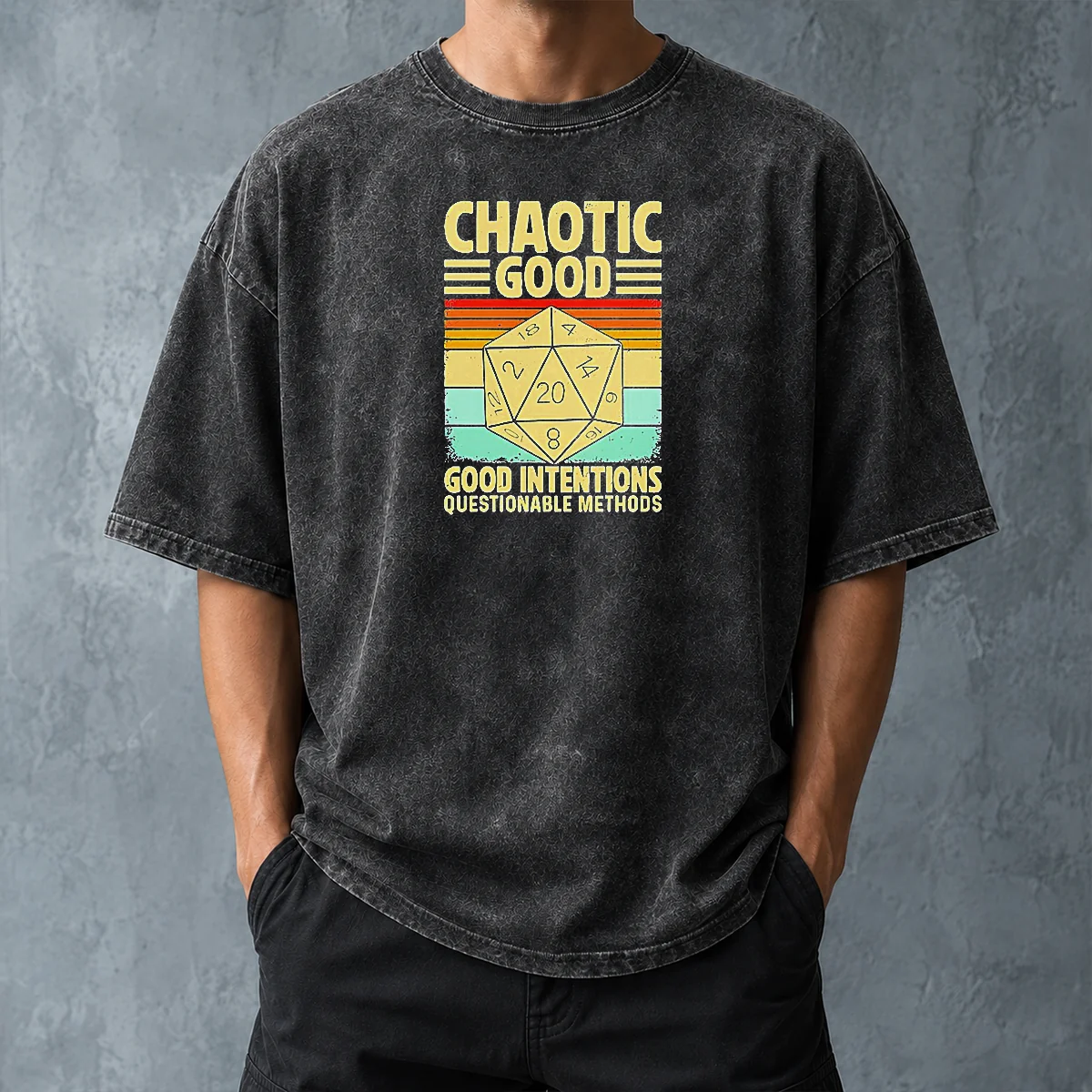 Nice Chaotic Good D20 Retro Stripes Washed T Shirt in vintage washed fabric with colorful retro stripes