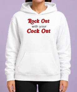 Nice Funny Rock Out With Your Cock Out Humor Slogan Hoodie in black, featuring bold white text on front