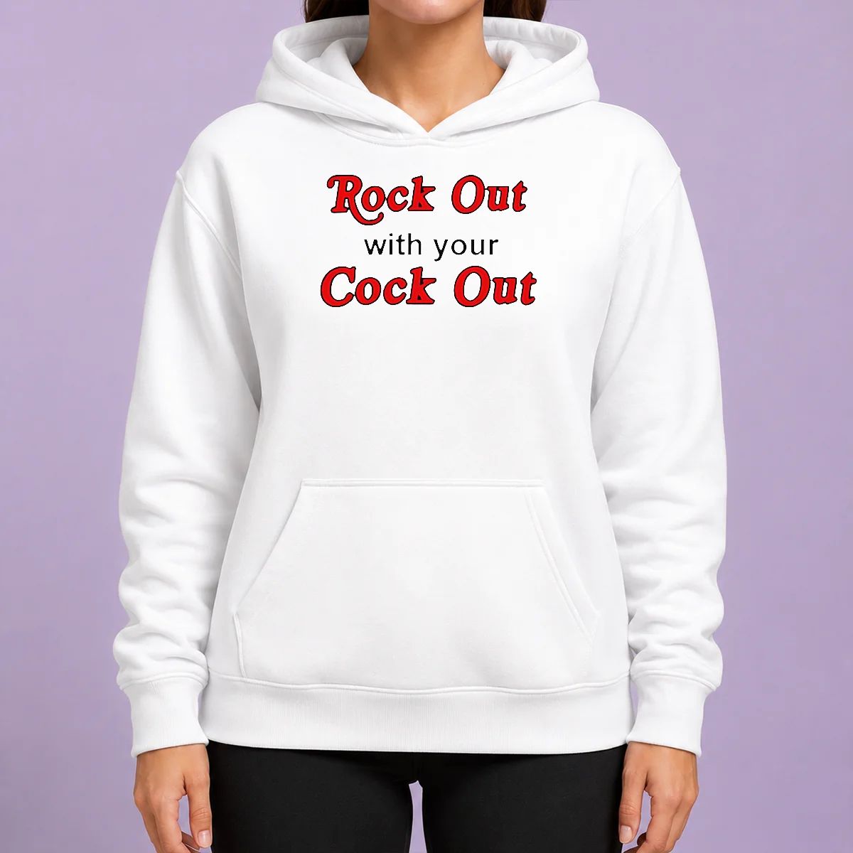 Nice Funny Rock Out With Your Cock Out Humor Slogan Hoodie in black, featuring bold white text on front