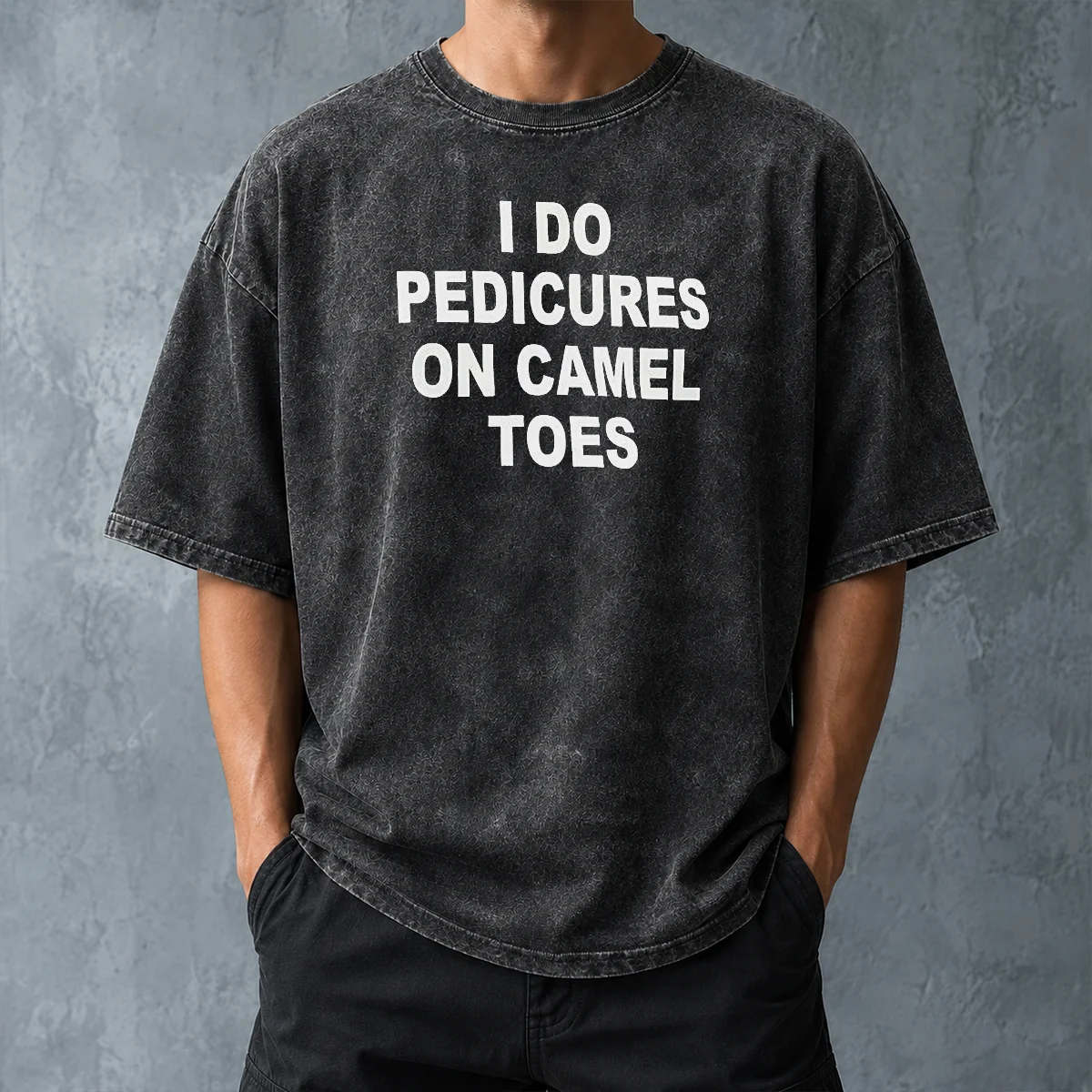 Nice I Do Pedicures On Camel Toes Humor Slogan Washed T Shirt in soft, faded fabric with short sleeves