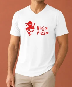 Nice Ninja Pizza Martial Arts Character Food Illustration V Neck Shirt showing front view of a casual v neck tee