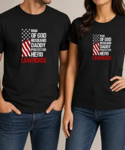 Nice Official Man Of God Husband Dad Protector Hero t shirt in black, featuring bold white and red text design