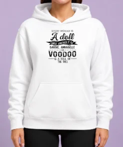 Nice Premium Every Woman Is A Doll Whether It Is Barbie Annabelle Or Voodoo Is A Roll Of Dice Hoodie in dark color, front view with hood up