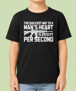 Nice Premium The Quickest Way To A Man Heart Is 2970 Ft Per Second Ar15 Rifle Firearm kids t shirt in blue with bold white text design