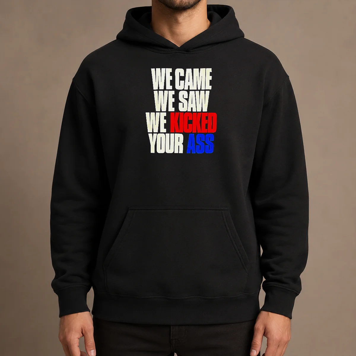 Nice Premium We Came We Saw We Kicked Your Ass Hoodie in black, front view with kangaroo pocket and drawstring hood