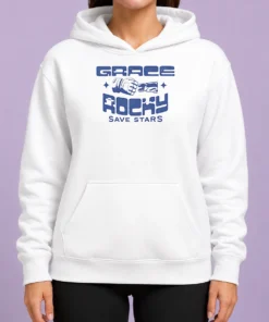 Nice Pretty Grace And Rocky Save Stars Fist Bump Hoodie in dark gray with front graphic design and drawstring hood