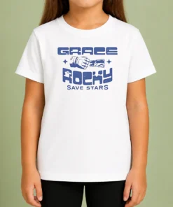 Nice Pretty Grace And Rocky Save Stars Fist Bump Kids T Shirt in soft cotton fabric, displayed on a child-sized garment