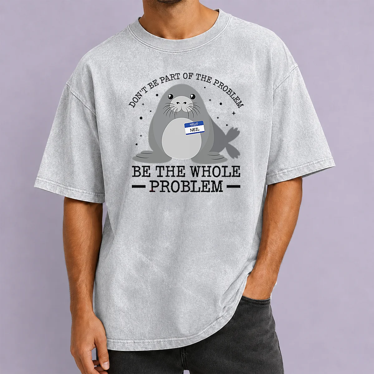 Nice Pretty Hello My Name Is Neil Funny Seal Character on a soft washed t shirt in light gray