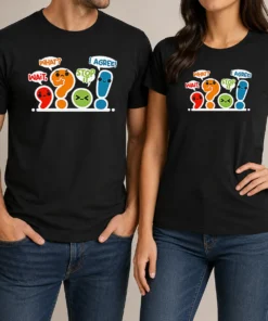 Nice Pretty Punctuation Squad t shirt in white, featuring bold punctuation graphics on the front