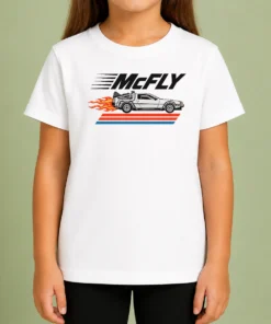Nice Top Mcfly Flaming Delorean Time Machine Kids T Shirt in vibrant colors with a playful graphic on a soft cotton fabric