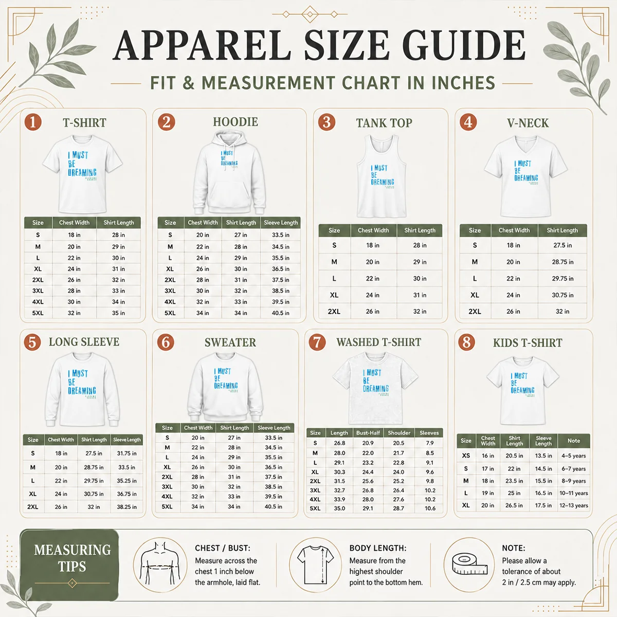 Official Alabama Shakes I Must Be Dreaming Size Chart Size chart for Official Alabama Shakes I Must Be Dreaming with measurements in inches and cm