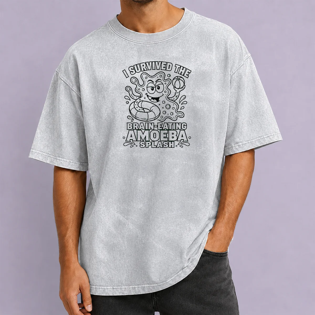 Official Awesome Brain Eating Amoeba Splash Line Art on a washed t shirt showing front graphic design