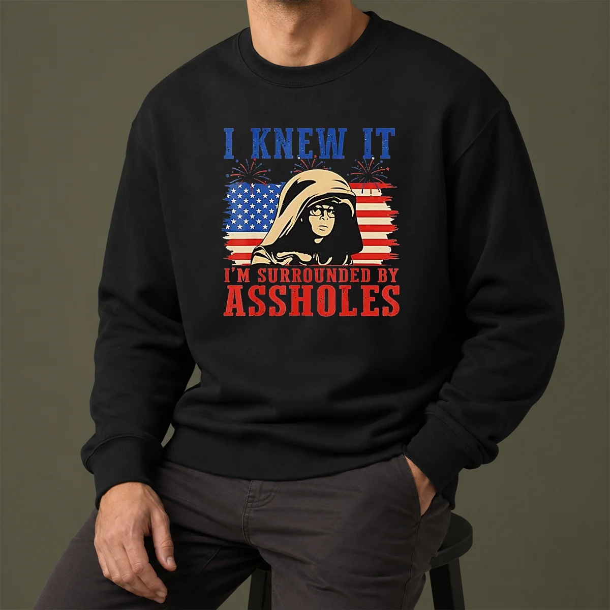Official Dark Helmet I Knew It Im Surrounded By Assholes Spaceballs Sweater in black with bold white text, comfortable crewneck style