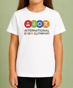 Official International STEM Olympiad Kids T Shirt in blue, featuring a comfortable short-sleeve design for children