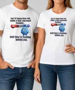 Official Isn'T It Funny How Red White And Blue Represent Freedom t shirt in classic fit, showcasing patriotic text design