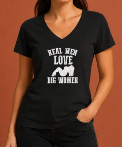 Official Real Men Love Big Women Distressed Slogan V-Neck Shirt