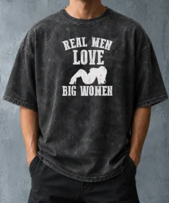Official Real Men Love Big Women Distressed Slogan Washed T-Shirt