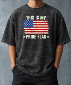Official This Is My Pride Flag United States Of America Patriotic National Flag Washed T Shirt showing front view on soft washed cotton fabric