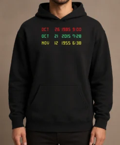 Official Time Machine Three Dates Geek Hoodie in black with front pocket and adjustable hood