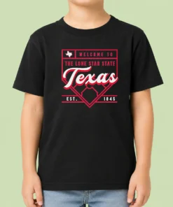 Official Welcome To The Lone Star State Texas Est 1845 Kids T Shirt featuring bold text on a comfortable short-sleeve cotton tee