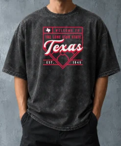 Official Welcome To The Lone Star State Texas Est 1845 Washed T Shirt showing soft textured fabric and vintage wash