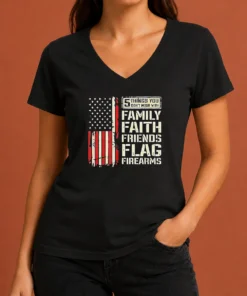 Original 5 Things You Don'T Mess With Family Faith Friends Flag Firearms V Neck Shirt in charcoal gray, short sleeve casual wear