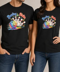Original Bowling For Strike Watercolor t shirt showing front view on a classic crew neck cotton tee