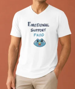 Original Emotional Support Frog Fizzarolli V Neck Shirt in soft fabric with fitted cut and short sleeves