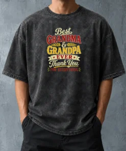 Original Grandparents Day Best Grandma Grandpa Typography Washed T Shirt in soft faded fabric, unisex fit