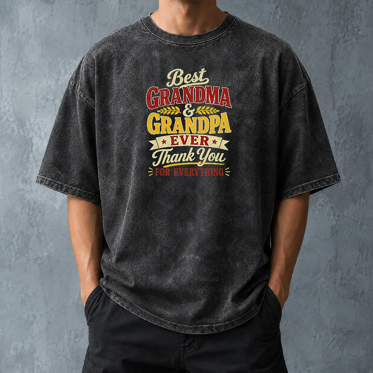 Original Grandparents Day Best Grandma Grandpa Typography Washed T Shirt in soft faded fabric, unisex fit