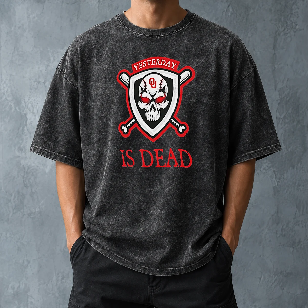 Original Officials Yesterday Is Dead Oklahoma Sooners Baseball Skull Washed T-Shirt