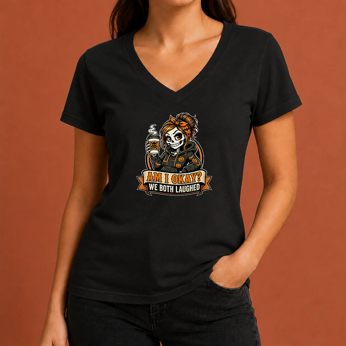 Original Skeleton Girl Coffee Humor Mascot V-Neck Shirt Original Skeleton Girl Coffee Humor Mascot V-Neck Shirt