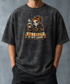 Original Skeleton Girl Coffee Humor Mascot Washed T-Shirt