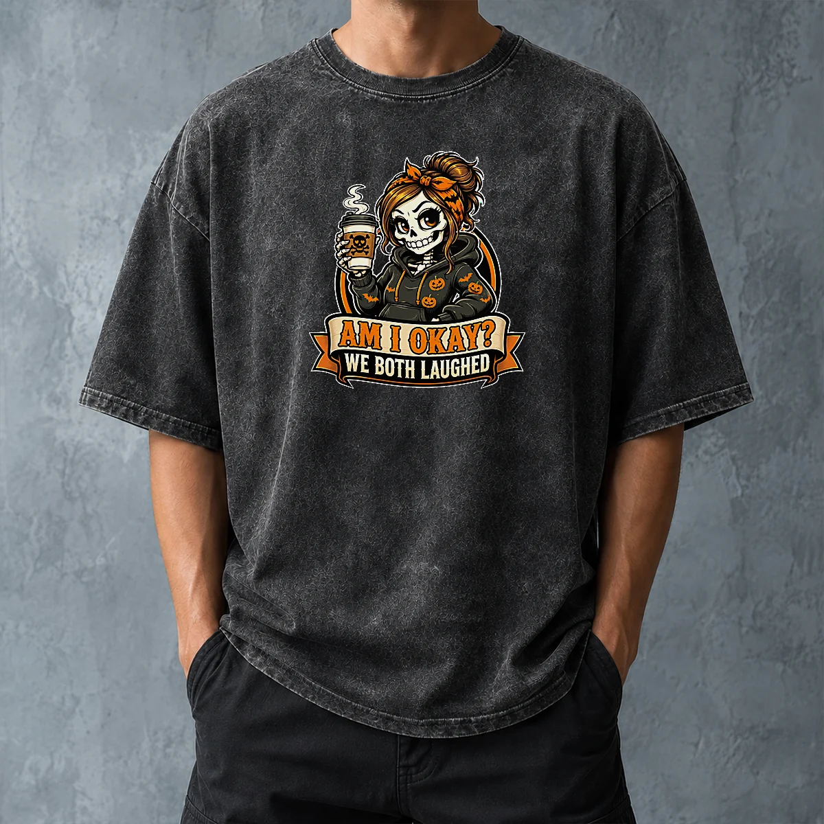 Original Skeleton Girl Coffee Humor Mascot Washed T-Shirt