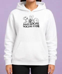 Original Snoopy Charlie Brown Peanuts Anti Social Social Club hoodie front view in black, comfortable pullover with drawstring hood