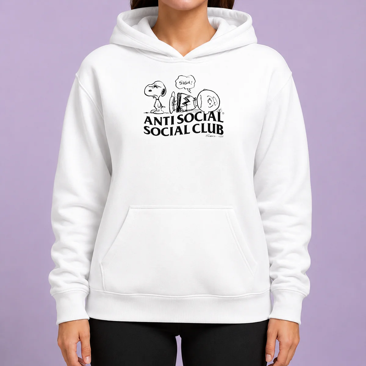 Original Snoopy Charlie Brown Peanuts Anti Social Social Club hoodie front view in black, comfortable pullover with drawstring hood
