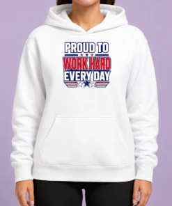 Premium American Labour Day Proud Worker Typography Hoodie in black, front view showing bold text design