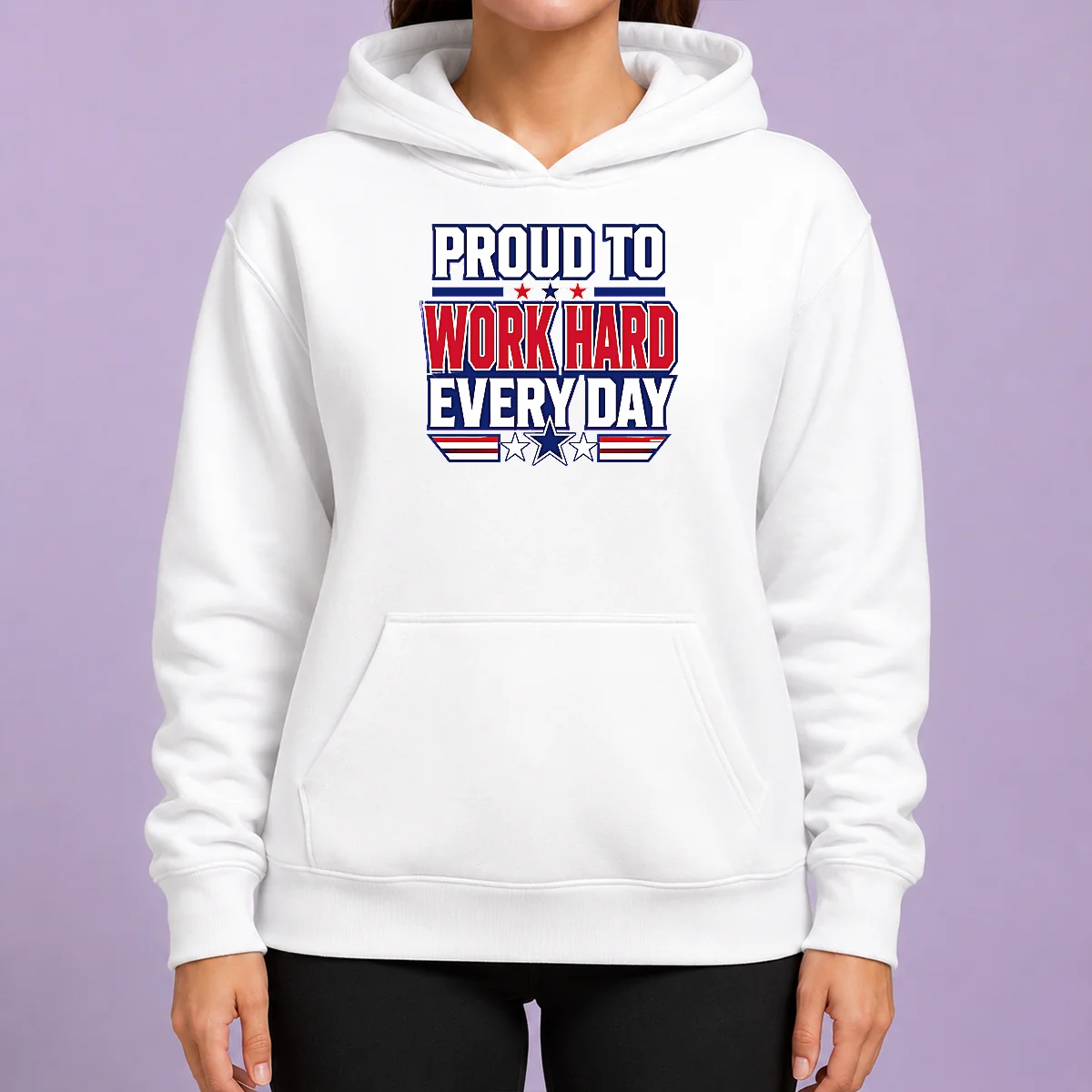 Premium American Labour Day Proud Worker Typography Hoodie in black, front view showing bold text design