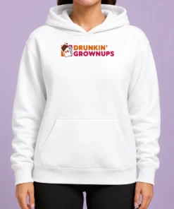 Premium Funny Drunkin Grownups DG Mug Logo Parody Hoodie in charcoal gray, unisex pullover with front pocket and drawstring hood