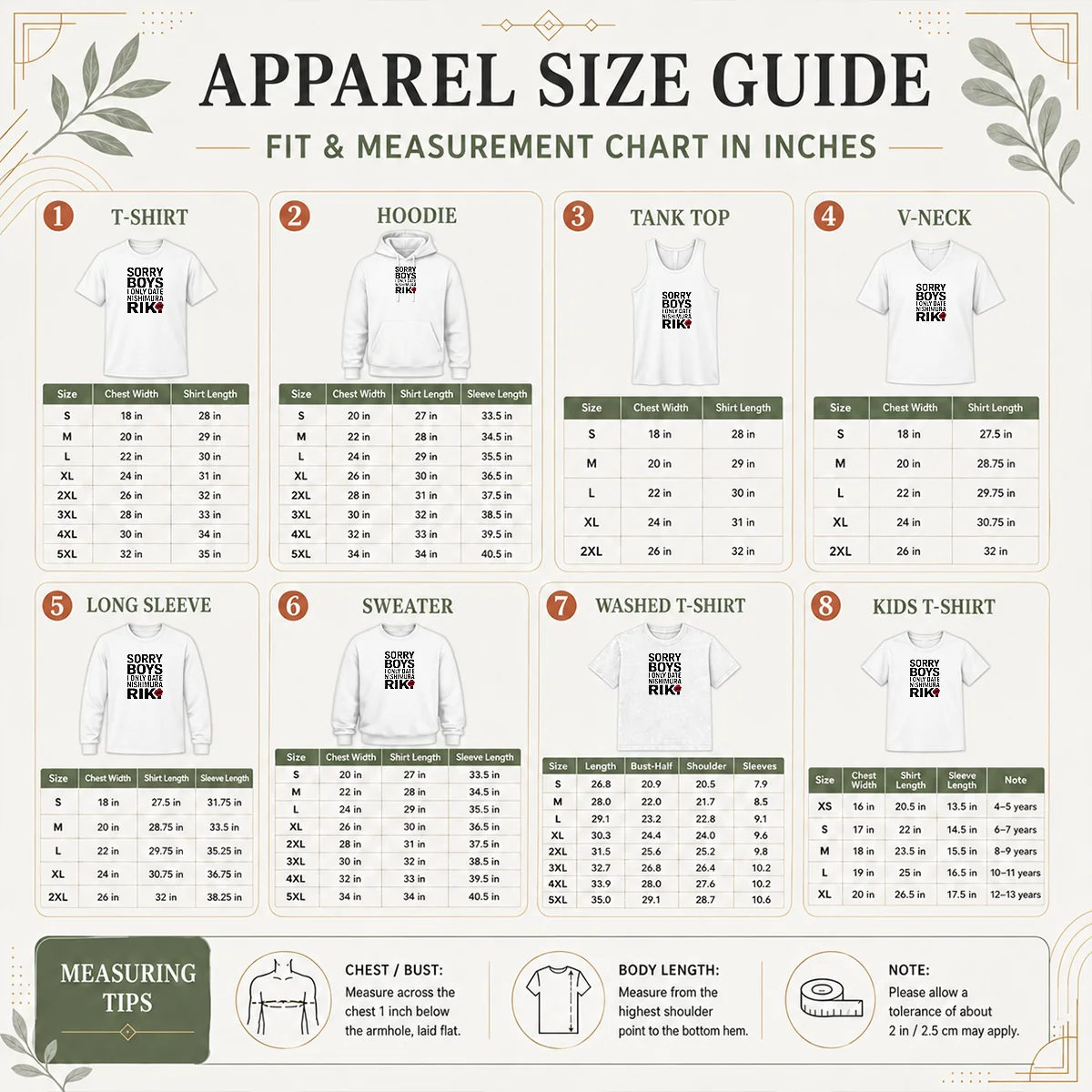 Premium Funny Sorry Boys I Only Date Nishimura Riki Ni Ki Size Chart Size chart for Premium Funny Sorry Boys I Only Date Nishimura Riki Ni Ki showing measurements in inches and cm