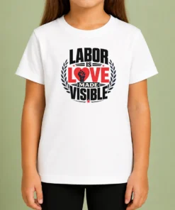 Premium Good Labor Is Love Made Visible Silhouette kids t shirt in white with bold graphic design, displayed on child-sized garment