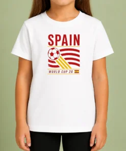 Premium Good Spain National Football Team World Cup 26 Soccer Team Kids T Shirt in red, front view