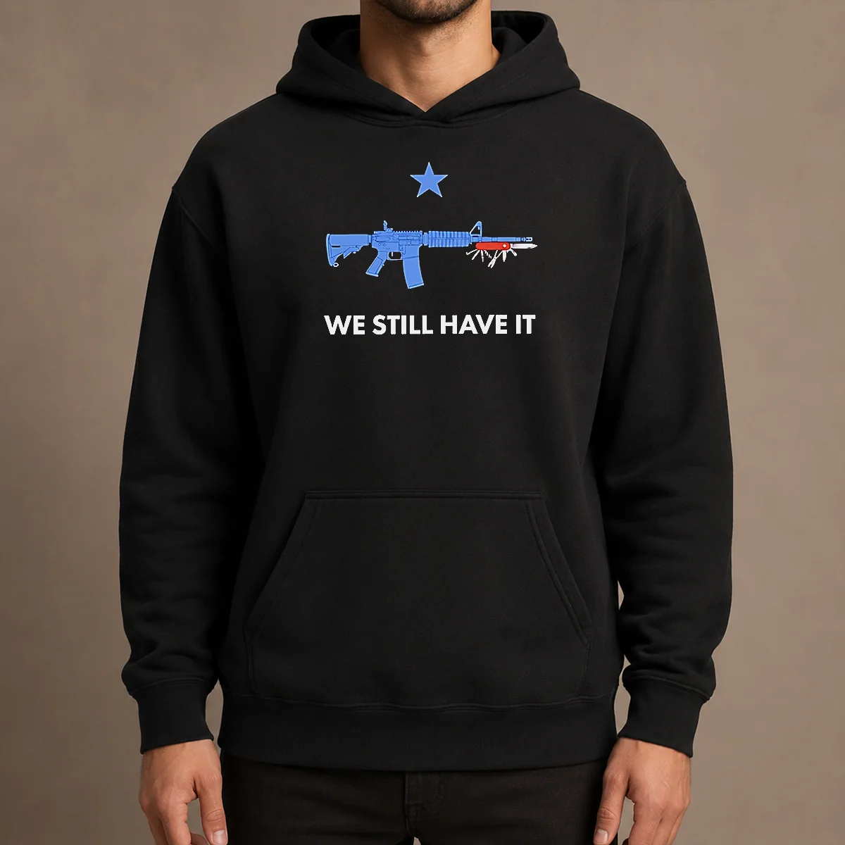 Premium Good We Still Have It Rifle And Swiss Army Knife One Blue Star Hoodie in navy blue, featuring bold graphic print on front