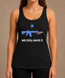 Premium Good We Still Have It Rifle And Swiss Army Knife One Blue Star Tank Top in blue, sleeveless casual wear with patriotic graphic