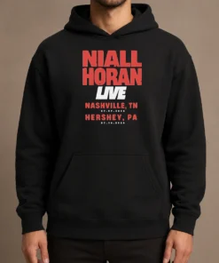 Premium Niall Horan Live Nashville Hershey Tour Hoodie in black, front view with kangaroo pocket and drawstring hood