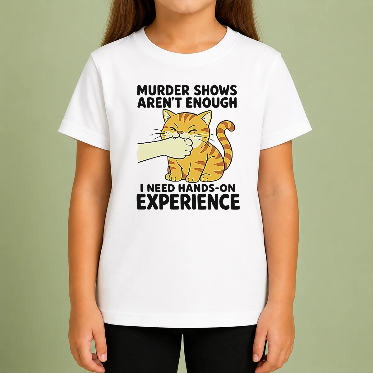 Premium Original Murder Shows Aren'T Enough I Need Hands On Experience Orange Cat Biting Hand Kids T-Shirt