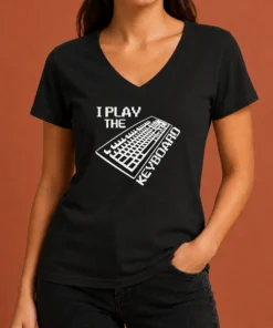Premium Pretty I Play The Keyboard Pixel Art Gamer Computer V Neck Shirt in black with pixel art design